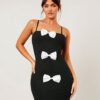 SHEIN SHEIN SXY Fall Women Clothes;Black Skirt;Holiday Party Dress With White Bow Decort