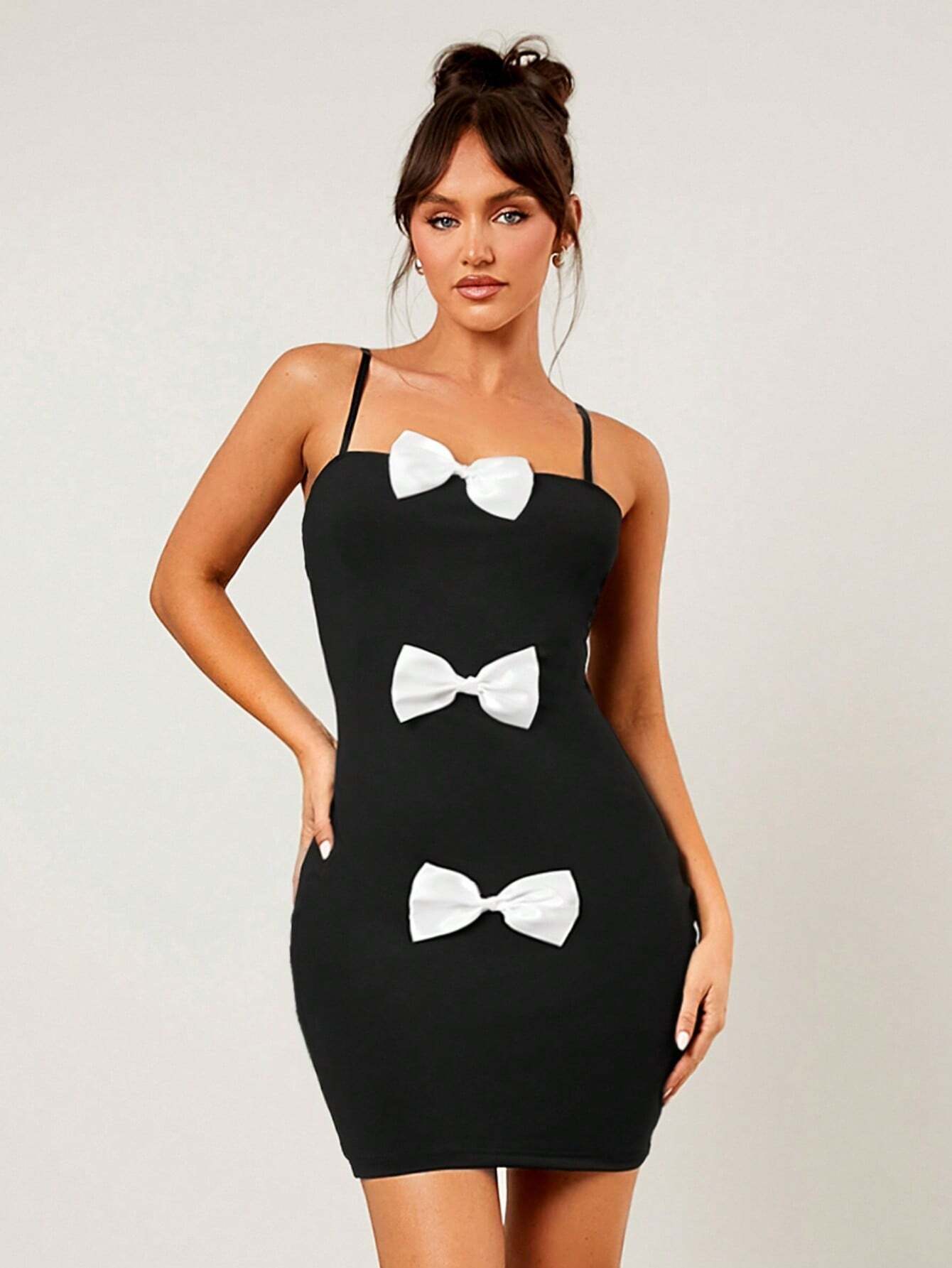 SHEIN SHEIN SXY Fall Women Clothes;Black Skirt;Holiday Party Dress With White Bow Decort