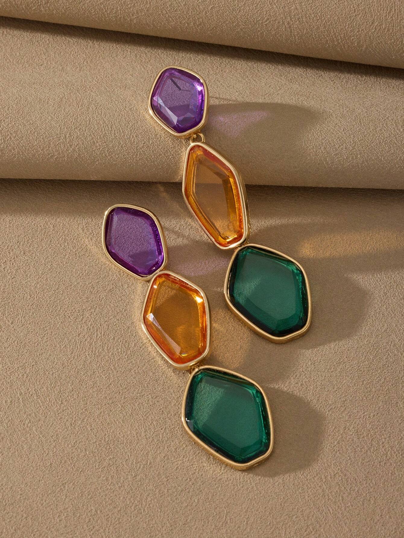 SHEIN 1 Pair Fashion  Alloy Inlaid Resin Geometric Earrings, Bohemian Style Colorful Acrylic Earrings - Image 3