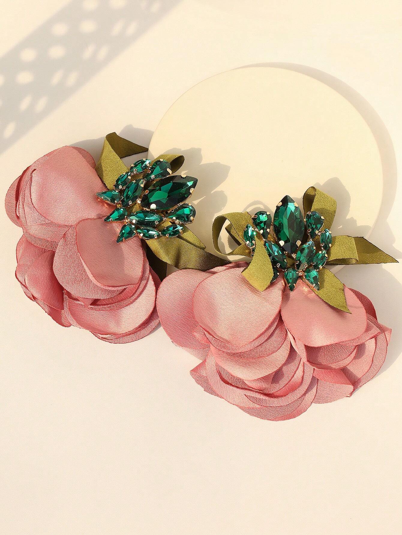 SHEIN 1pair Full Rhinestone Bowknot & Flower Earrings Suitable For Women - Image 2