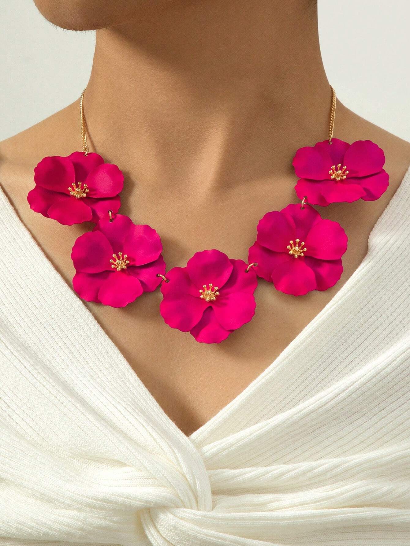 SHEIN 1pc Colorful, Rose Red Dopamine-Inspired Flower Pendant Necklace With Designer Touch For Women