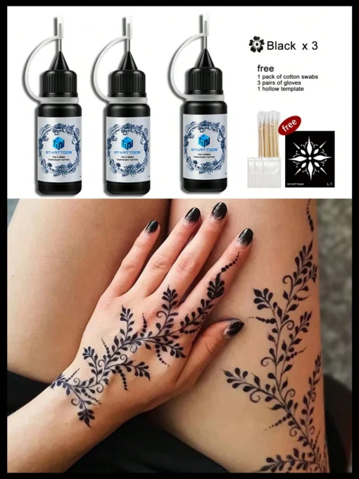 SHEIN 3 Bottles Juice Tattoo Ink Black Fruit Juice Body Painting Skin Drawing Lasting 7-10 Days, Compatible With Tattoo Stencils