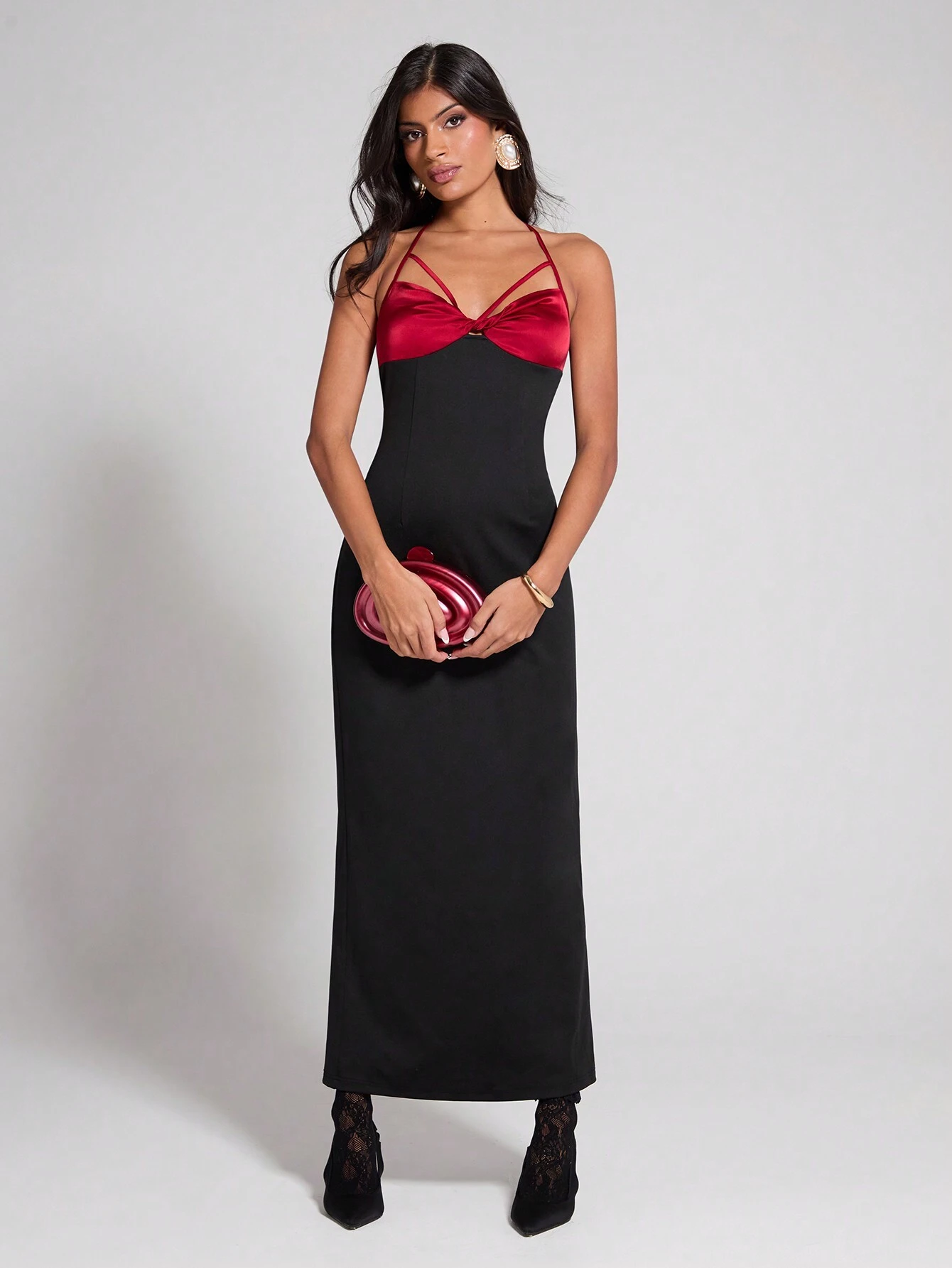 SHEIN COSMINA Women's Elegant Contrast Bustier Fitted Long Halter Neck Dress