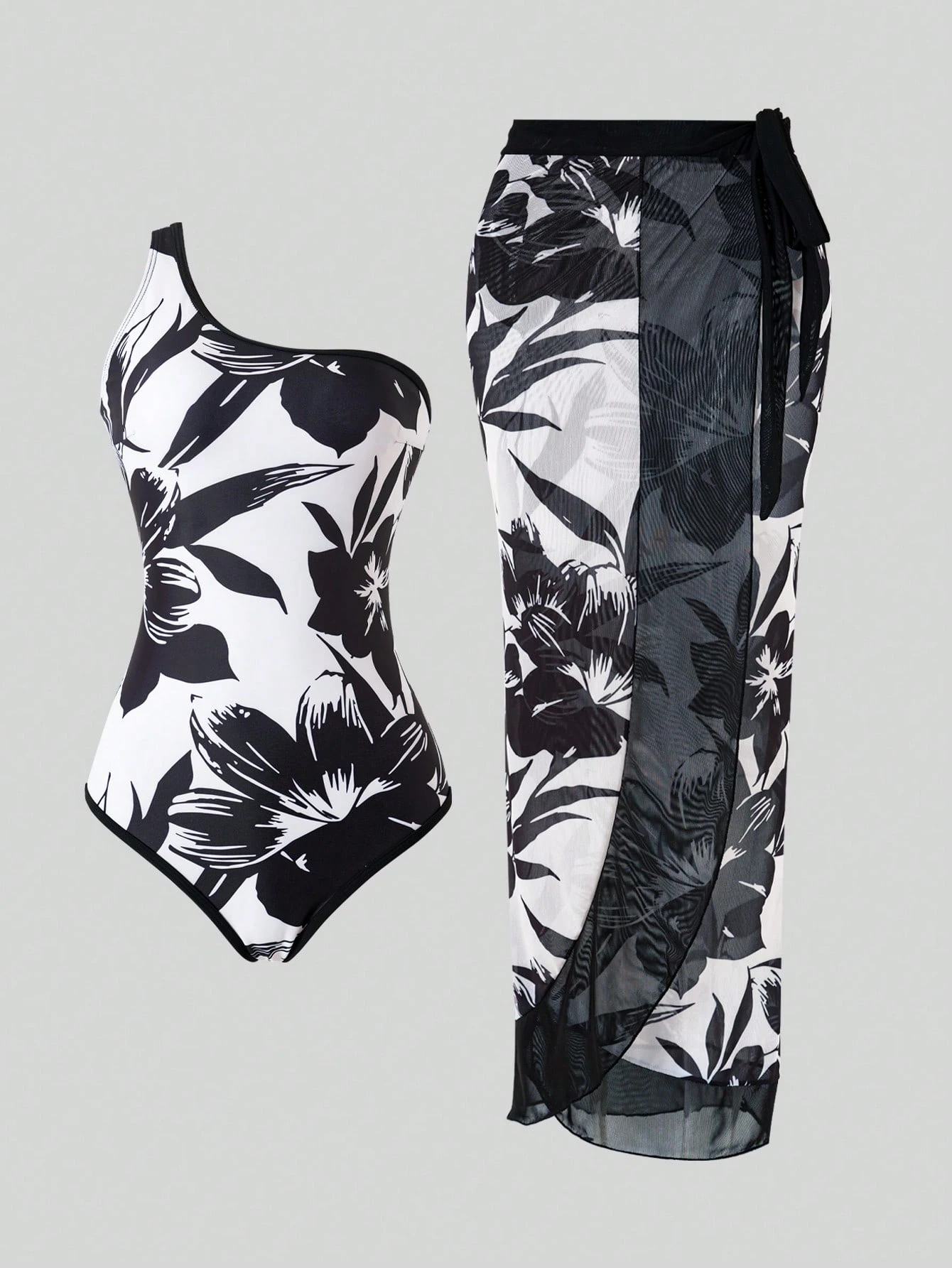 SHEIN Elegant Vintage Inspired Bodysuit & Coverup 2 Pieces Swimsuit Set, Casual & Versatile, French Romantic Style, Spring/Summer
