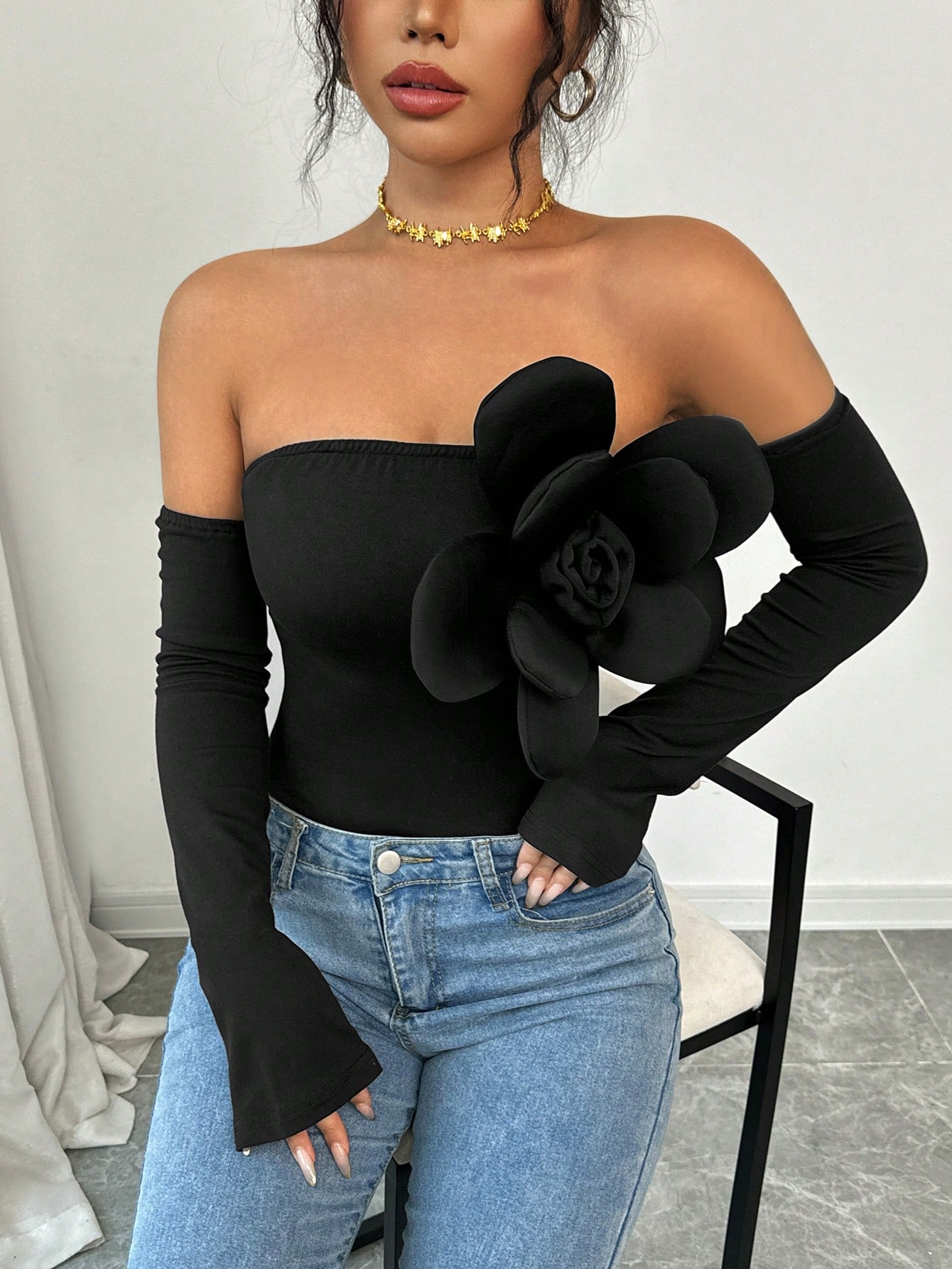 SHEIN Elenzga 1pc Women's Solid Color Off Shoulder Bodysuit - Image 4