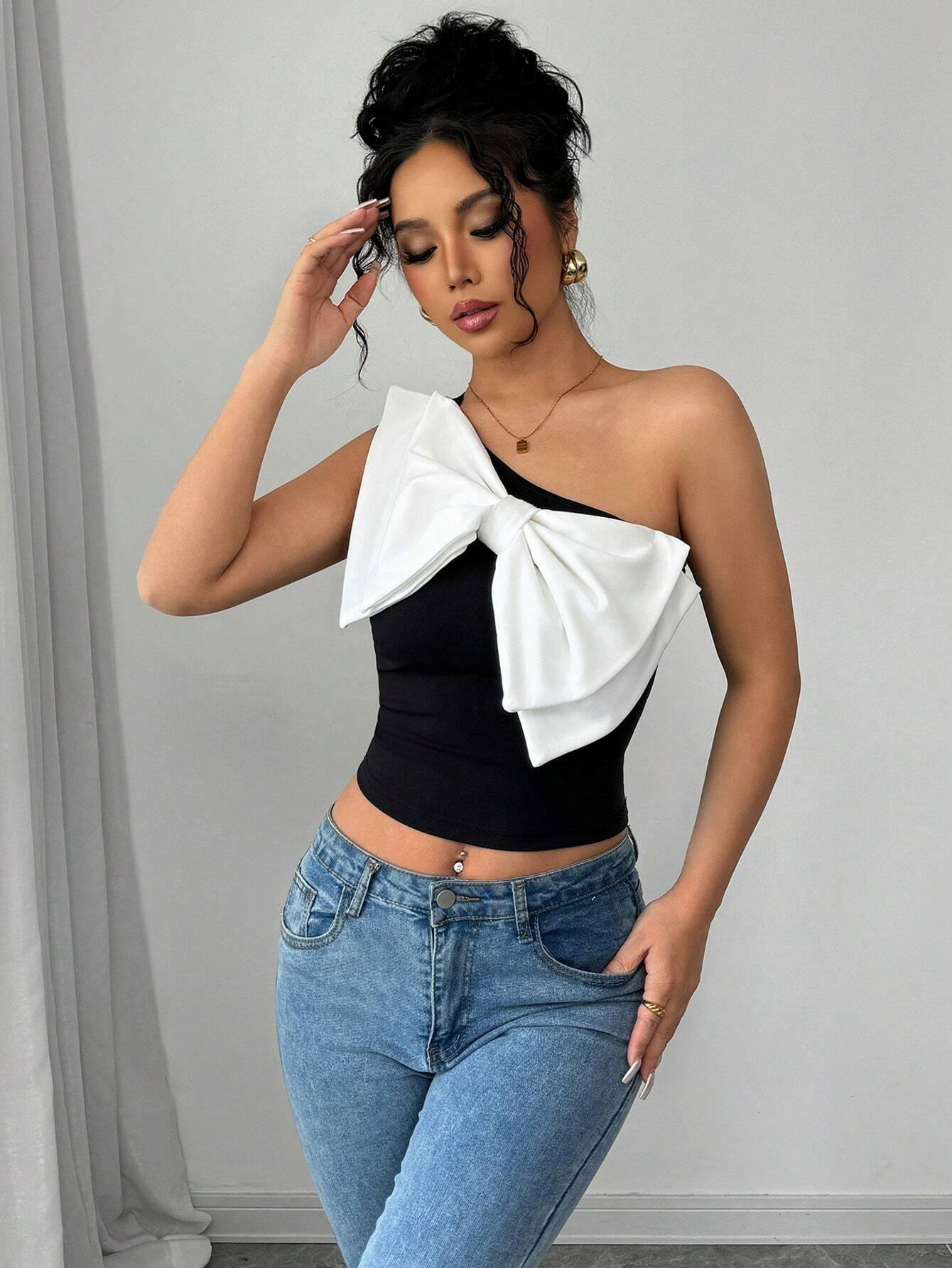 SHEIN Elenzga Elenzga One-Shoulder Black And White Contrasting Big Bow Top - Image 4