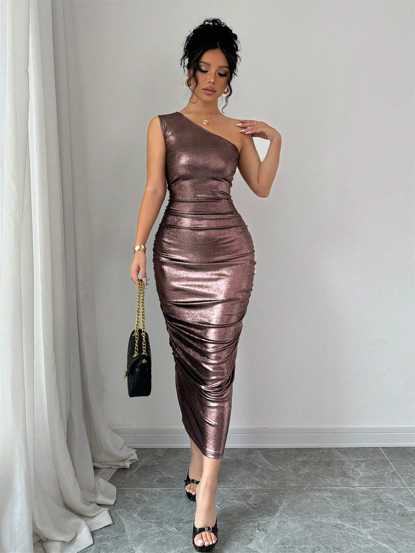 SHEIN Elenzga Form-Fitting Asymmetrical Shoulder Ruched Shiny Dress Maxi Women Outfit