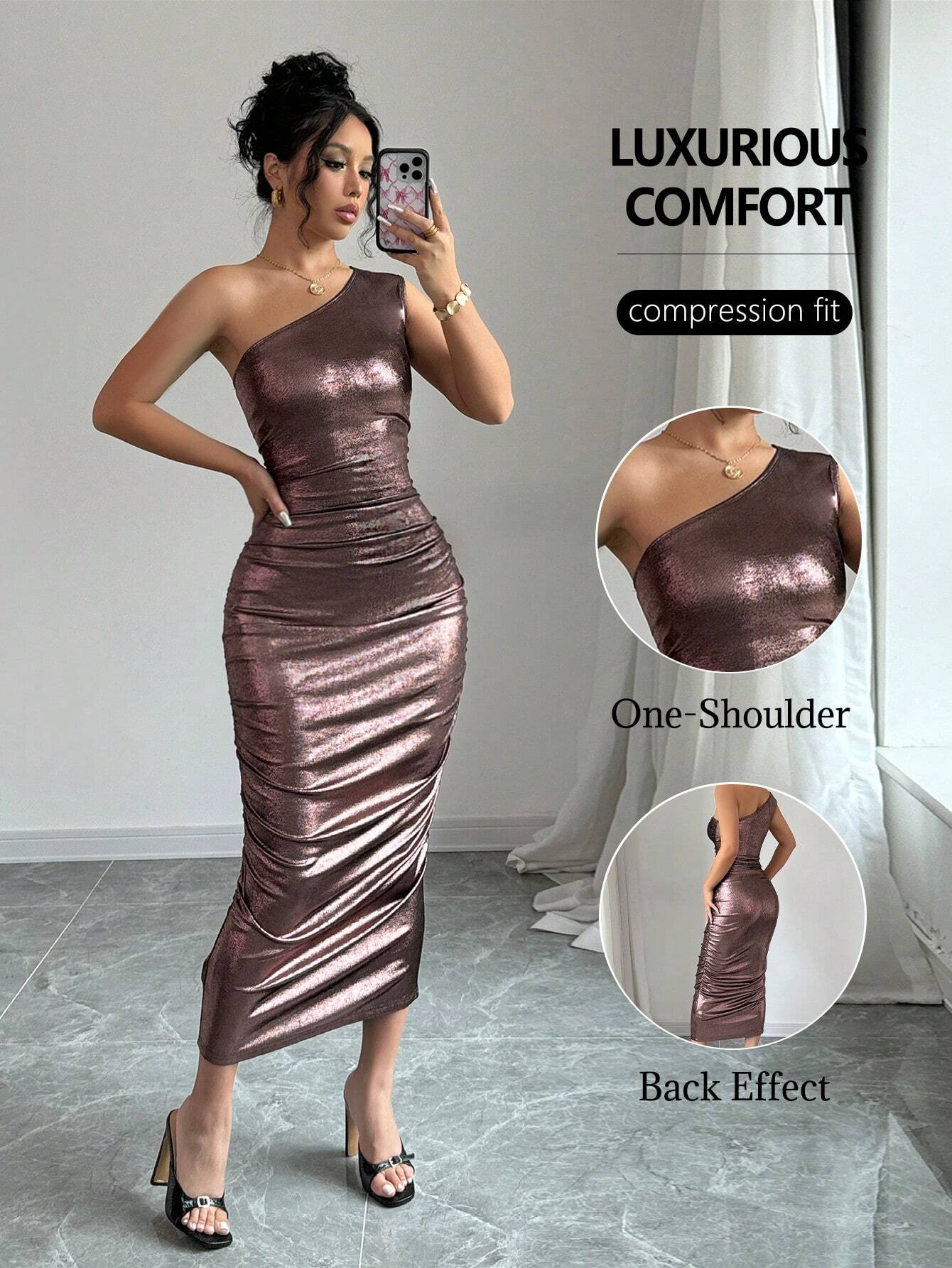 SHEIN Elenzga Form-Fitting Asymmetrical Shoulder Ruched Shiny Dress Maxi Women Outfit - Image 2