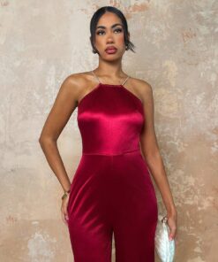 SHEIN Glamine Women's Red Color Elegant Backless Satin Jumpsuit, Suitable For Party And Formal Occasions