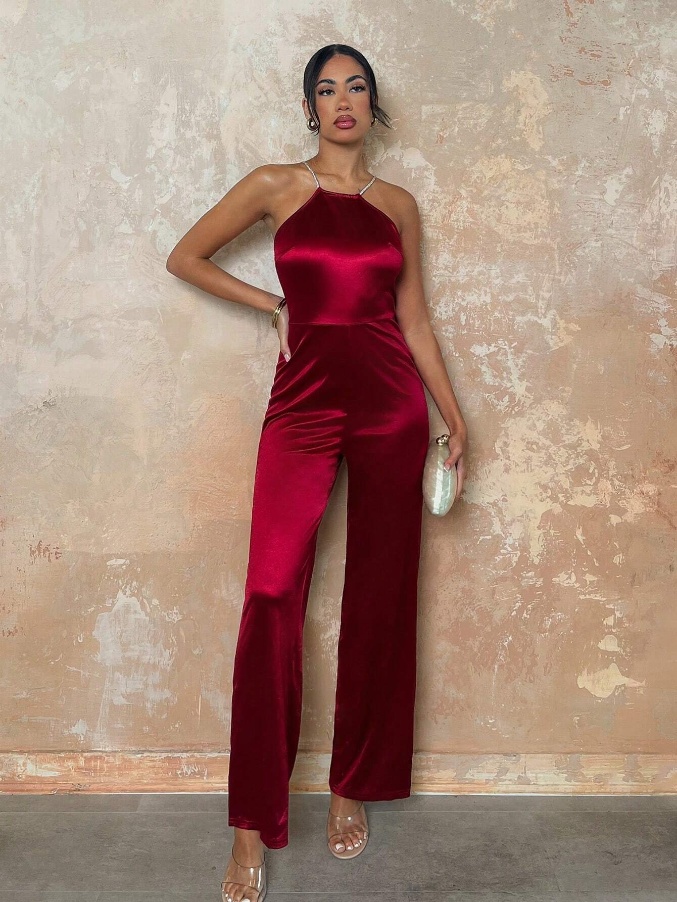 SHEIN Glamine Women's Red Color Elegant Backless Satin Jumpsuit, Suitable For Party And Formal Occasions - Image 2