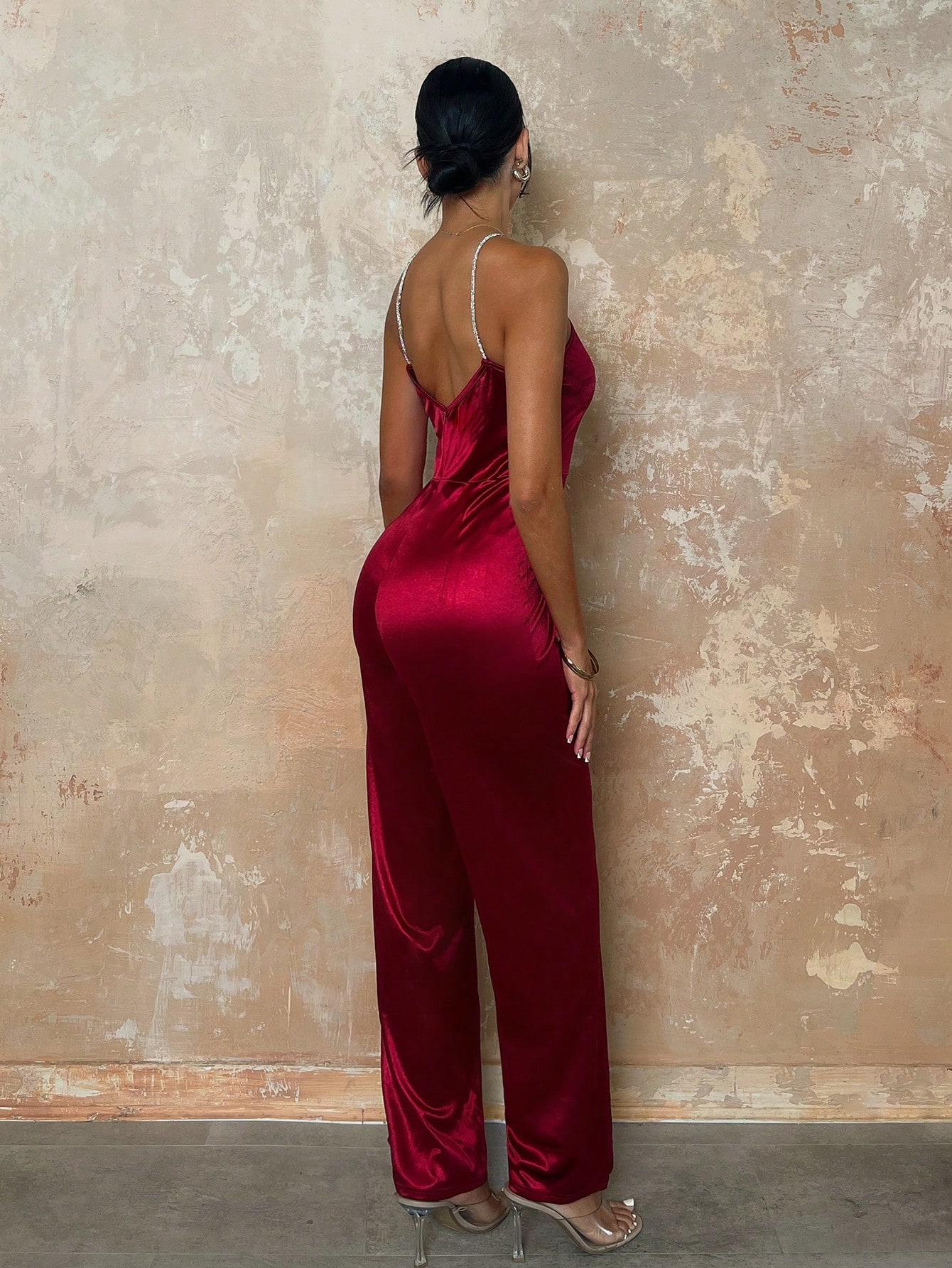 SHEIN Glamine Women's Red Color Elegant Backless Satin Jumpsuit, Suitable For Party And Formal Occasions - Image 3