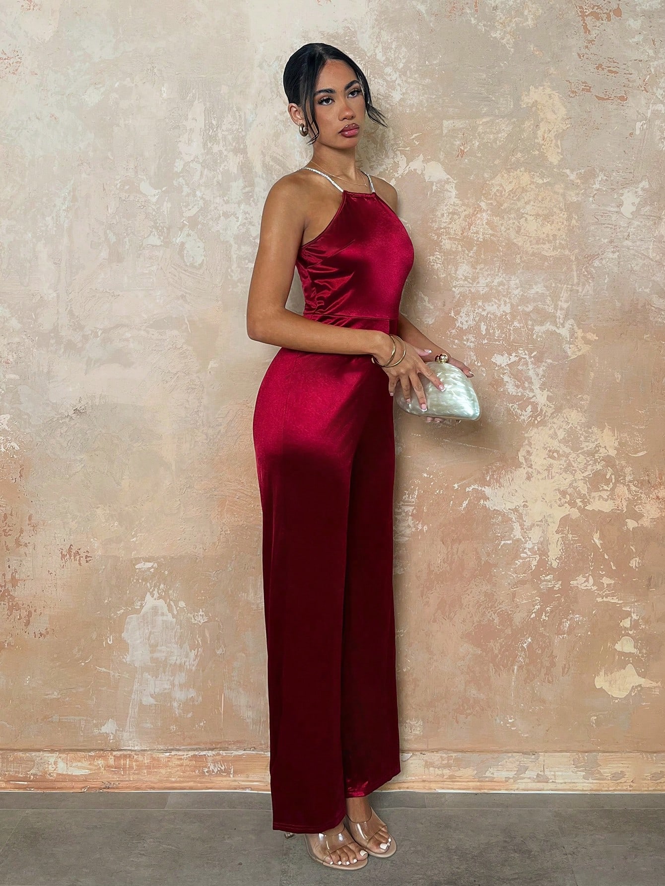 SHEIN Glamine Women's Red Color Elegant Backless Satin Jumpsuit, Suitable For Party And Formal Occasions - Image 4