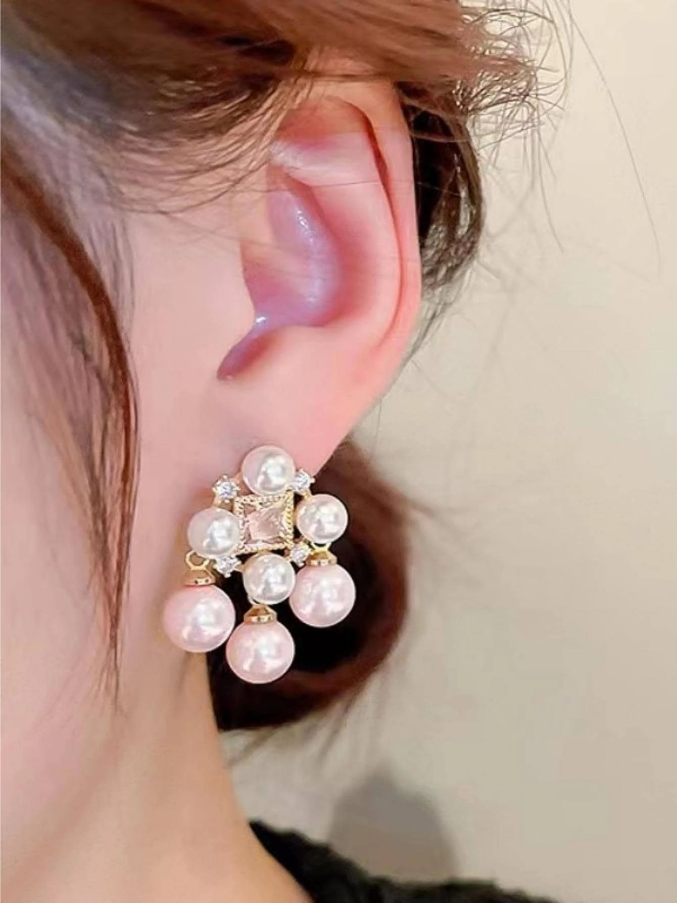 SHEIN Glamorous Zinc Alloy Cubic Zirconia & Faux Pearl Decor Stud Earrings For Women - Image 2