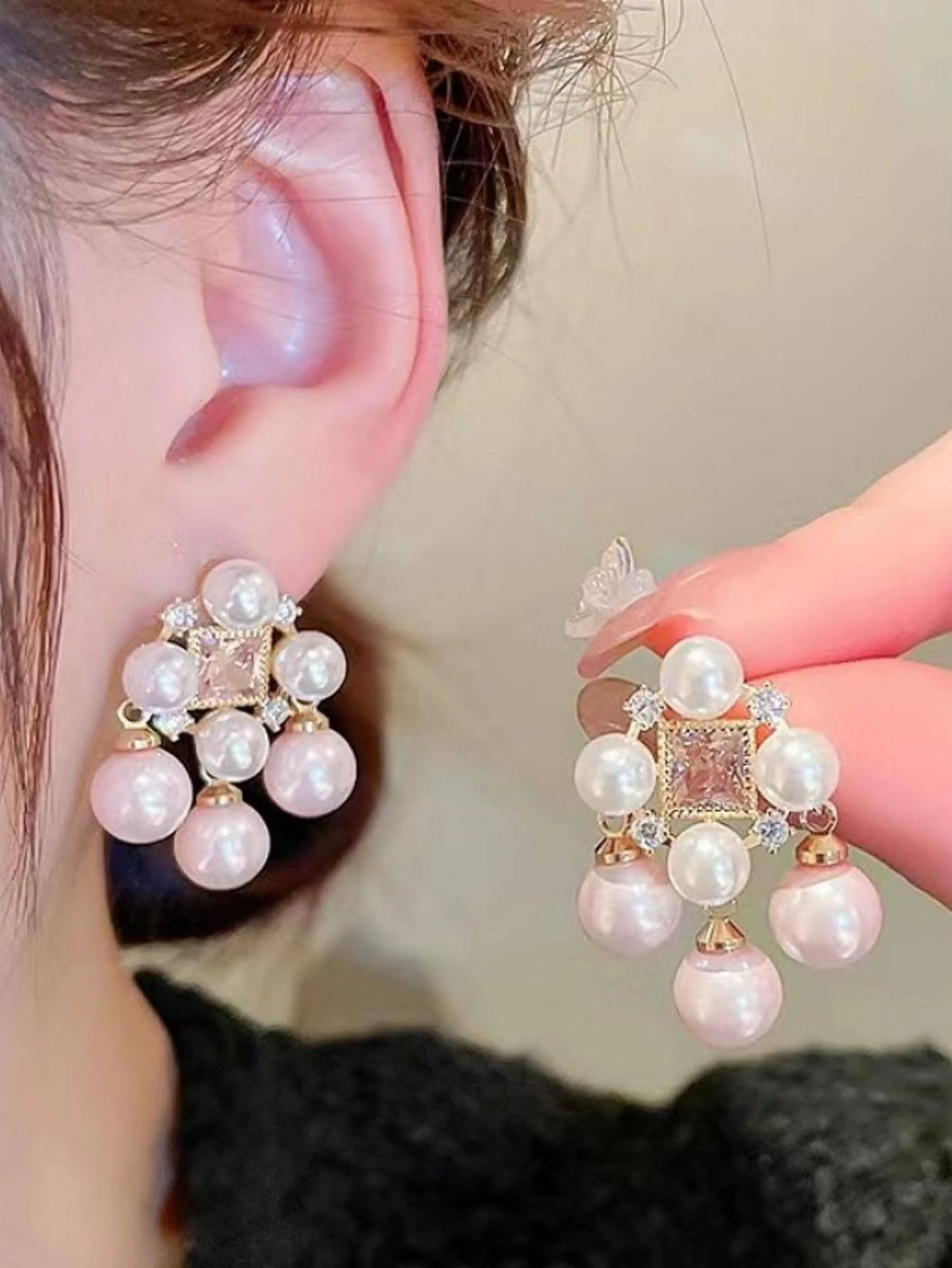 SHEIN Glamorous Zinc Alloy Cubic Zirconia & Faux Pearl Decor Stud Earrings For Women - Image 3