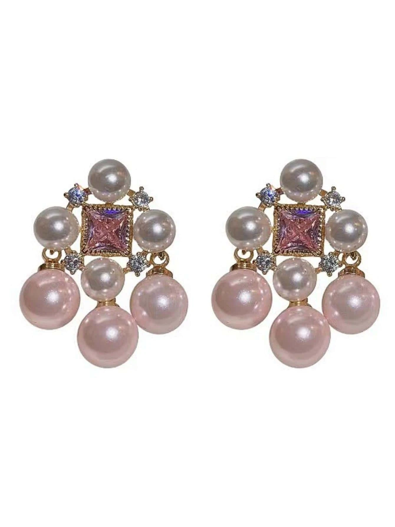 SHEIN Glamorous Zinc Alloy Cubic Zirconia & Faux Pearl Decor Stud Earrings For Women - Image 4
