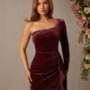 SHEIN L'Amorae One Shoulder Velvet Long Sleeve Mini Christmas Dress