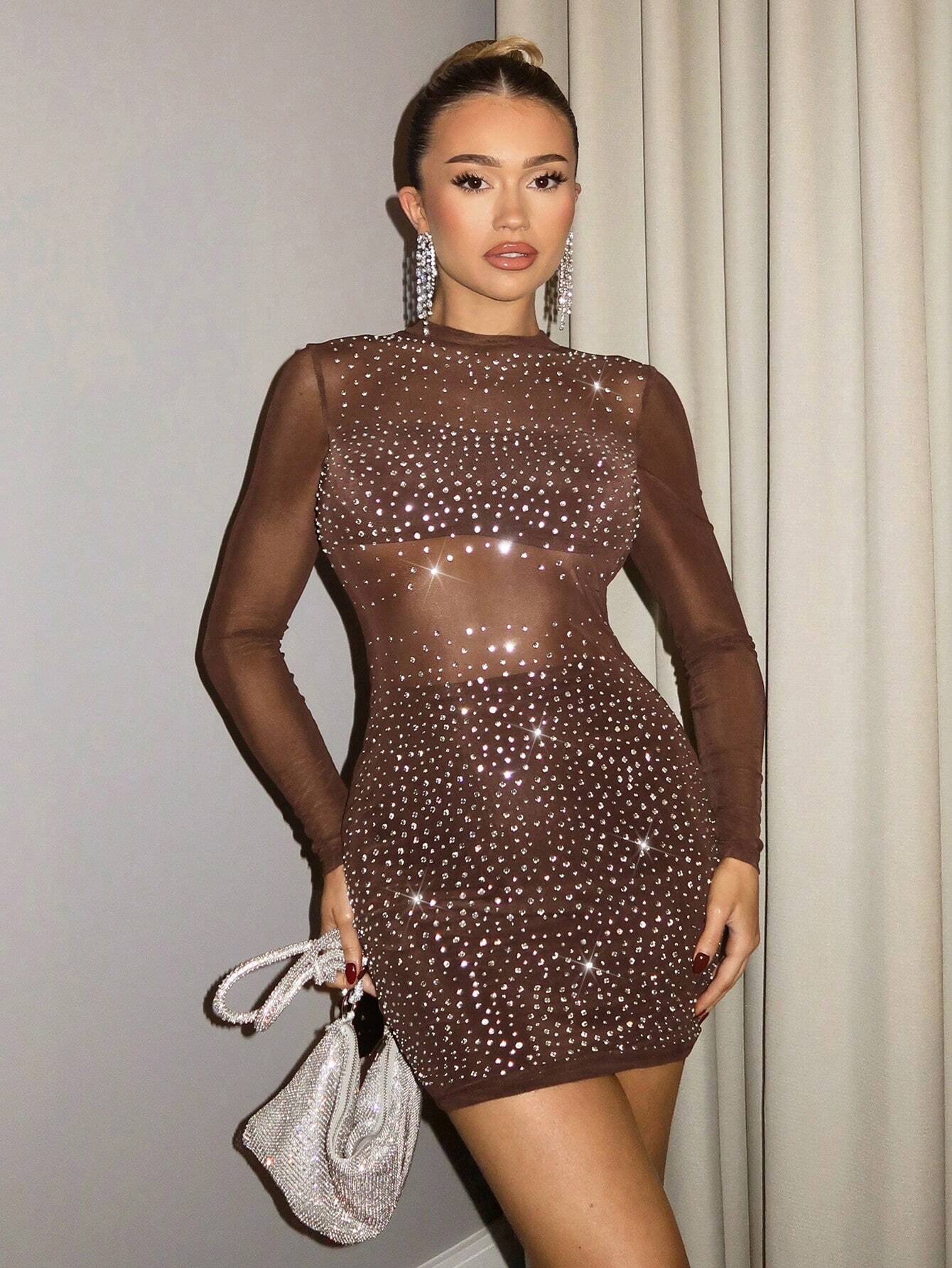 SHEIN BAE Elegant Black Rhinestone Crystal Sheer Mesh Panel Mock Neck Long Sleeve Bodycon Dress