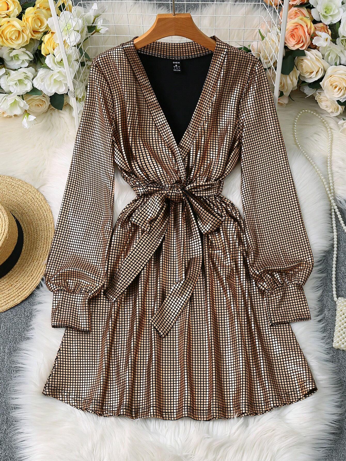 SHEIN Clasi Fashion Celebrity High Quality Long Sleeve V-Neck Waist Slimming A-Line Glittering Sequin Party Dress