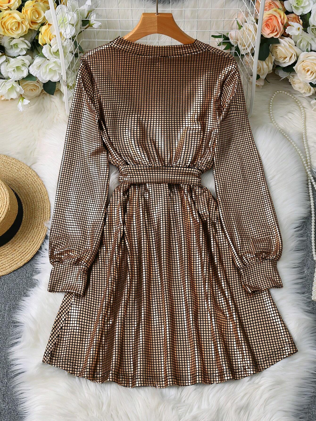 SHEIN Clasi Fashion Celebrity High Quality Long Sleeve V-Neck Waist Slimming A-Line Glittering Sequin Party Dress - Image 2