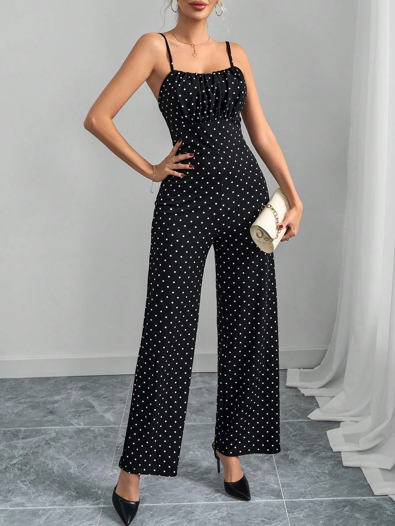 SHEIN Clasi Women's Elegant Polka Dot Print Sleeveless Jumpsuit, Black & White