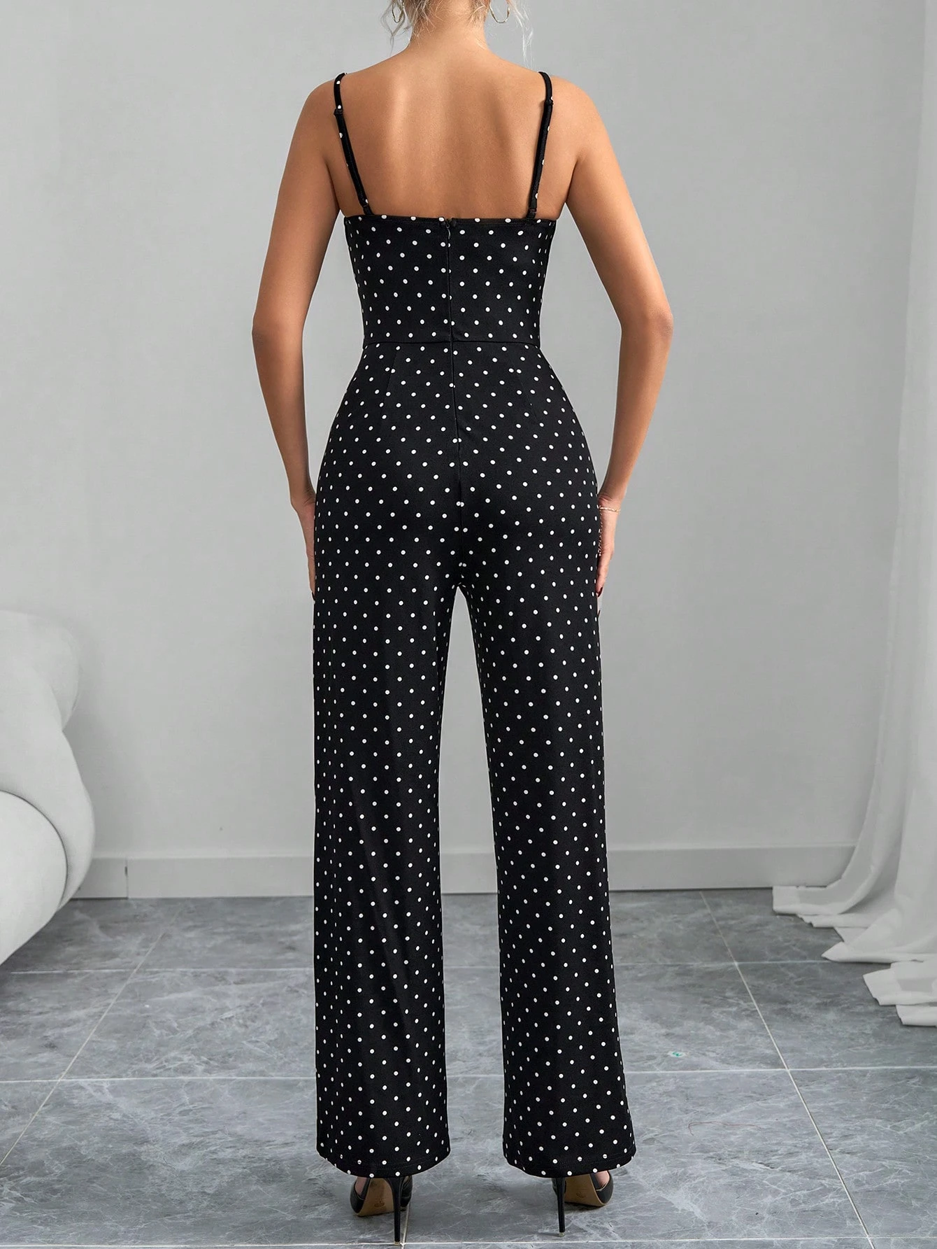 SHEIN Clasi Women's Elegant Polka Dot Print Sleeveless Jumpsuit, Black & White - Image 2