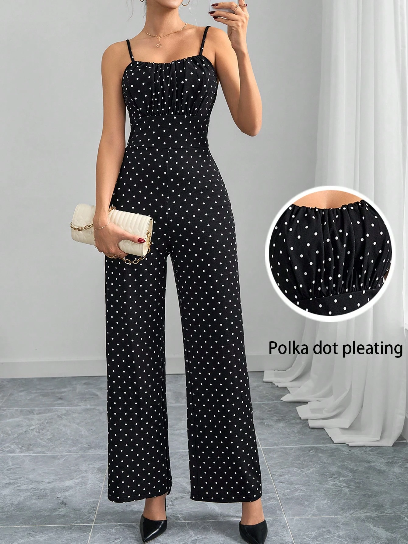 SHEIN Clasi Women's Elegant Polka Dot Print Sleeveless Jumpsuit, Black & White - Image 3