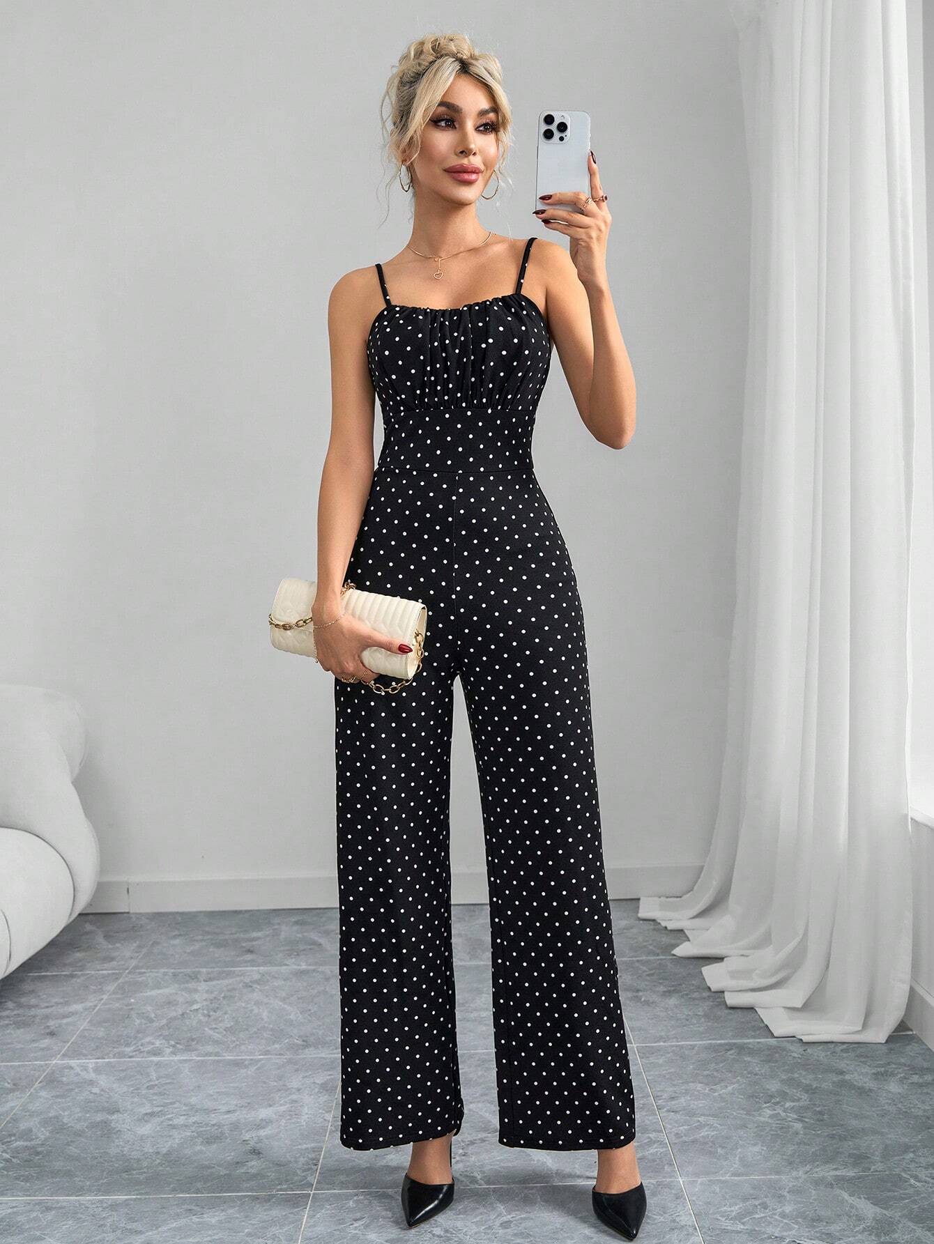 SHEIN Clasi Women's Elegant Polka Dot Print Sleeveless Jumpsuit, Black & White - Image 4