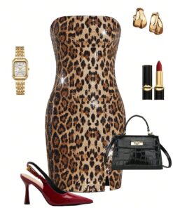 SHEIN Ellevyn Leopard Print Sequin Tube Glamorous Mini Dress For Women