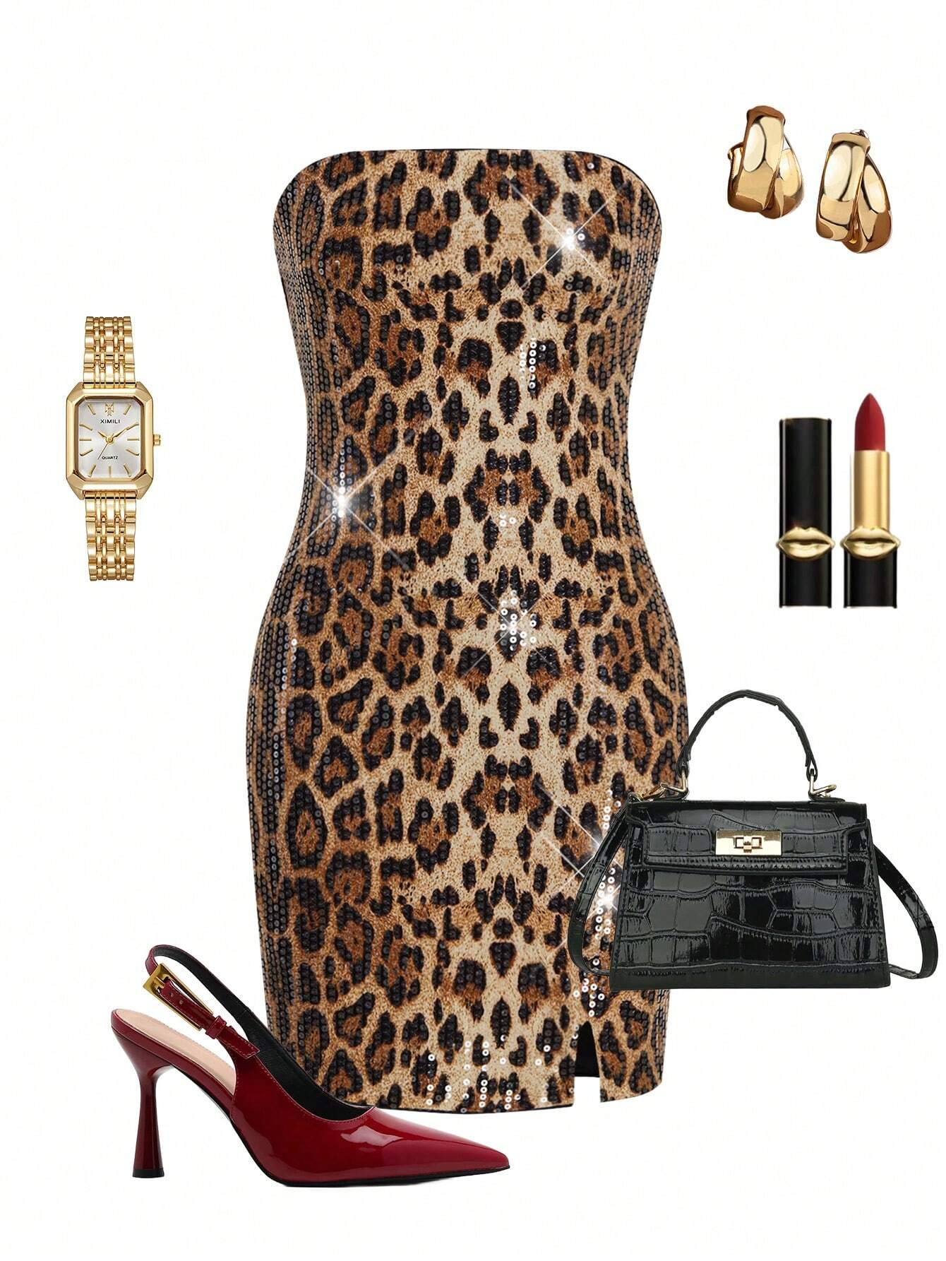 SHEIN Ellevyn Leopard Print Sequin Tube Glamorous Mini Dress For Women