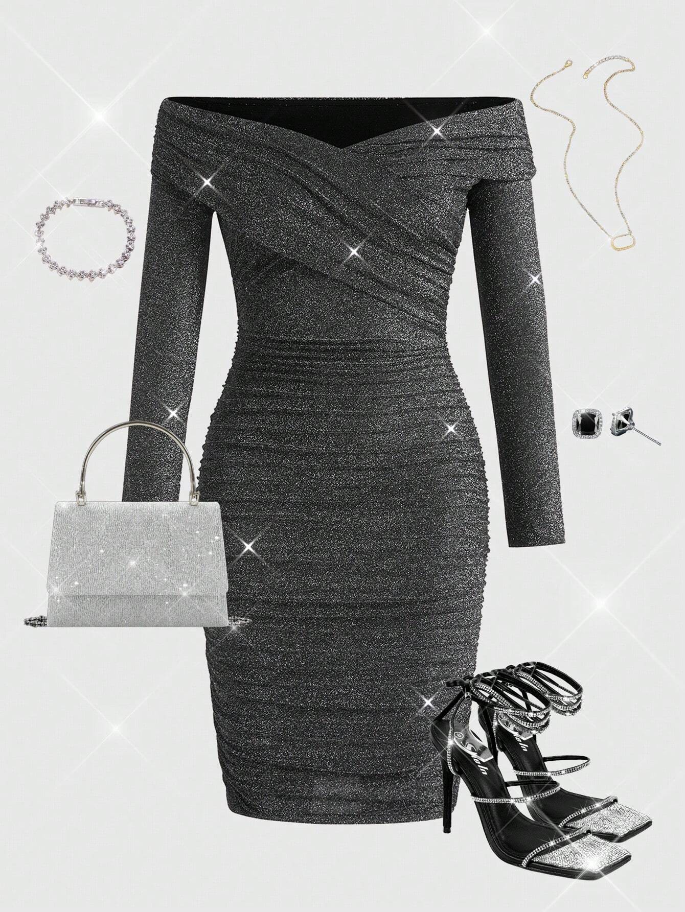 SHEIN Ellevyn Women's Black & Silver Midi Bodycon Dress, Long Sleeve Off Shoulder
