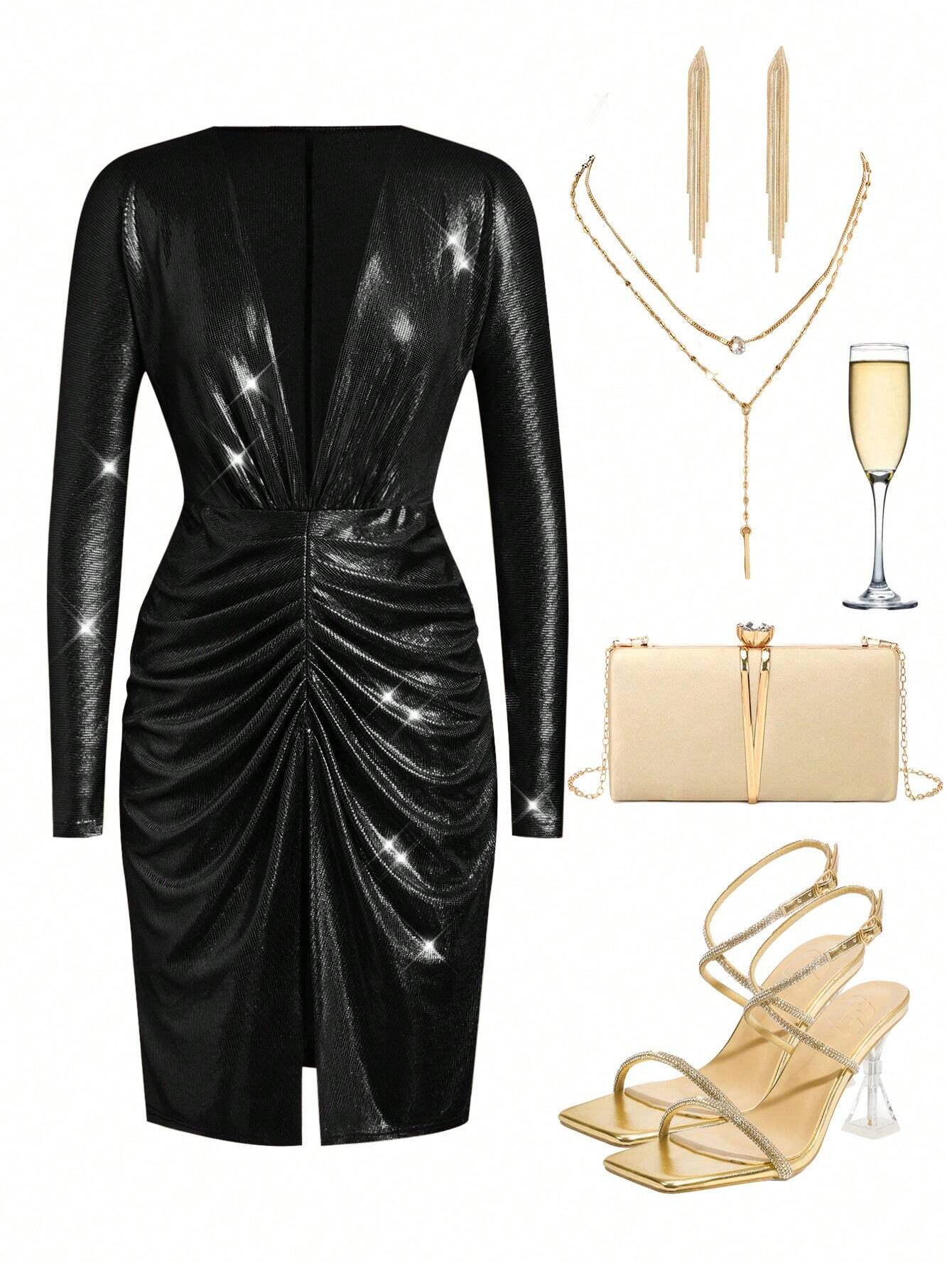 SHEIN Ellevyn Women's Sequin Embellished Short Dress, Solid Color, Long Sleeve, Casual And Fashionable For Everyday Wear, Woman Dress