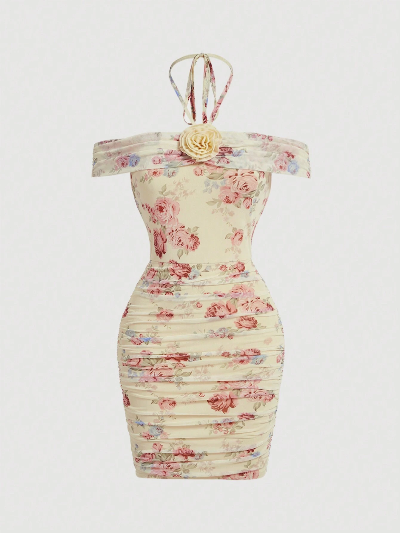 SHEIN MOD Apricot-Colored Allover Print 3D Floral Pleated Holiday Dress For Summer Dates