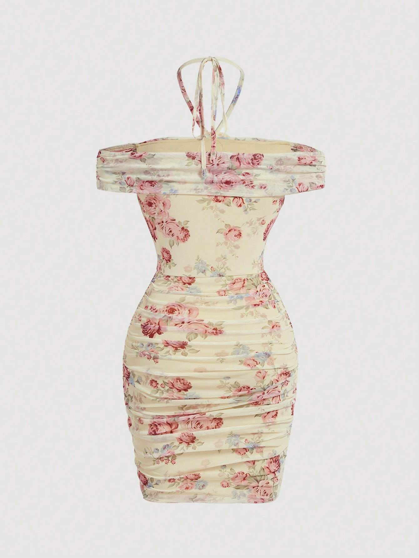 SHEIN MOD Apricot-Colored Allover Print 3D Floral Pleated Holiday Dress For Summer Dates - Image 2