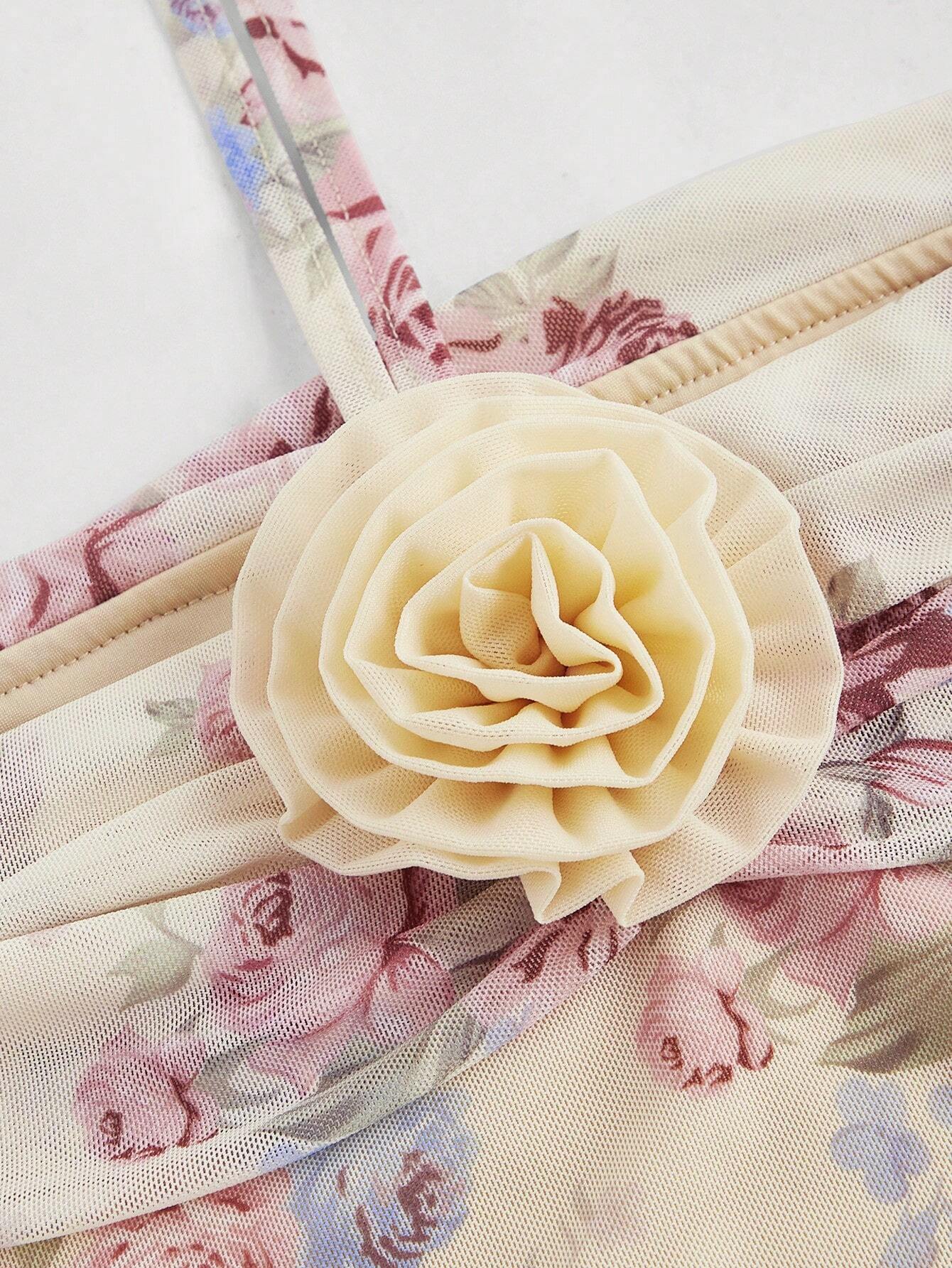 SHEIN MOD Apricot-Colored Allover Print 3D Floral Pleated Holiday Dress For Summer Dates - Image 3