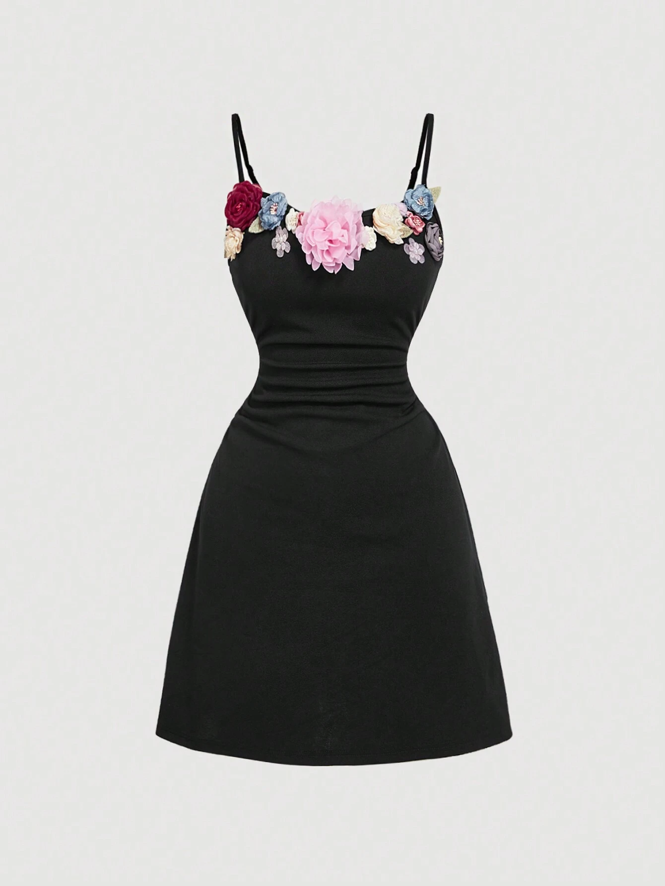 SHEIN MOD Black Asymmetrical Hemline Vintage Dress With 3D Flowers Black Back To Dresses Mini