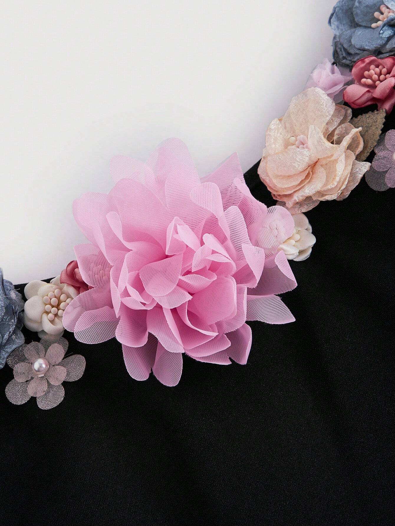 SHEIN MOD Black Asymmetrical Hemline Vintage Dress With 3D Flowers Black Back To Dresses Mini - Image 4