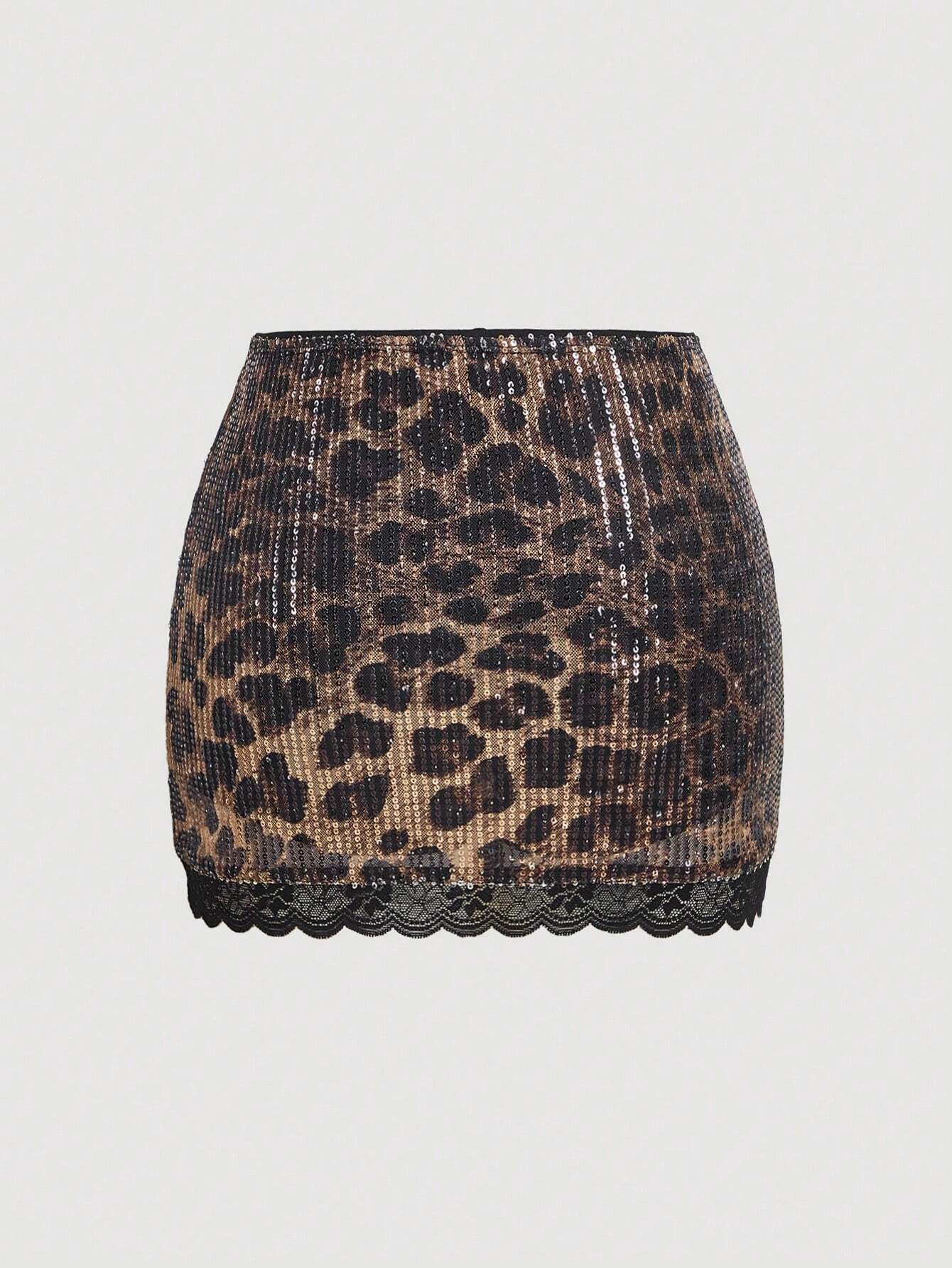 SHEIN MOD Women's Leopard Print Sequin Decor Low Waist Mini Skirt, Casual Vacation,Net Skirt,Hippie Women Clothes, Metallic Skirt - Image 2