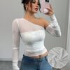 SHEIN Raffinéa Autumn Fashion Sequin Decor Asymmetrical Neck Mesh Top
