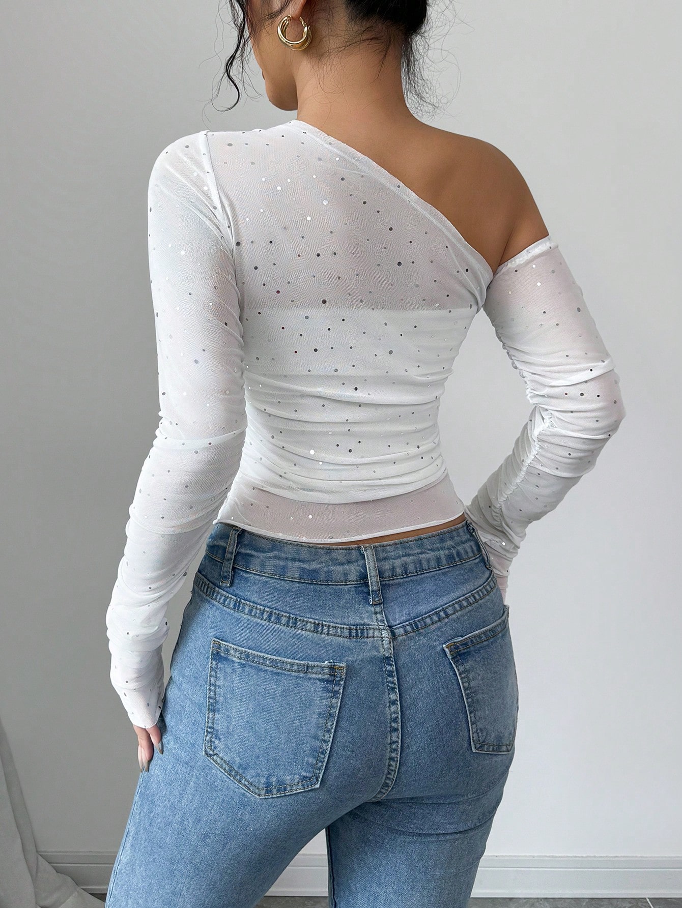 SHEIN Raffinéa Autumn Fashion Sequin Decor Asymmetrical Neck Mesh Top - Image 3