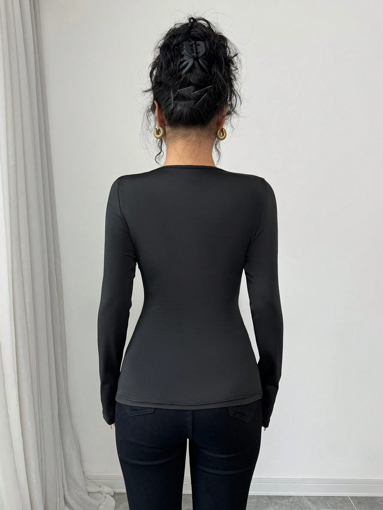 SHEIN Raffinéa Ladies' Black Long Sleeve T-Shirt With 3D Floral Mesh Inserts - Image 2