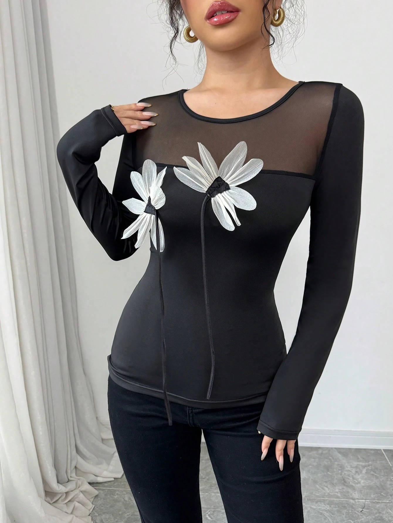 SHEIN Raffinéa Ladies' Black Long Sleeve T-Shirt With 3D Floral Mesh Inserts - Image 3