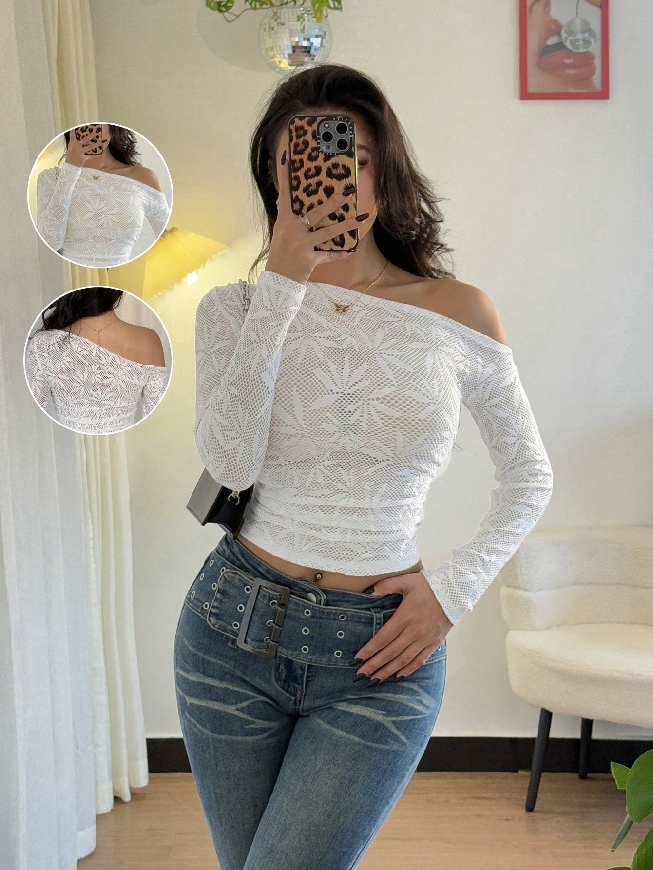 SHEIN Raffinéa Sexy Fitted Asymmetrical Collar Pleated Waist Long Sleeve Bamboo Leaf Jacquard Fabric White T-Shirt - Image 2