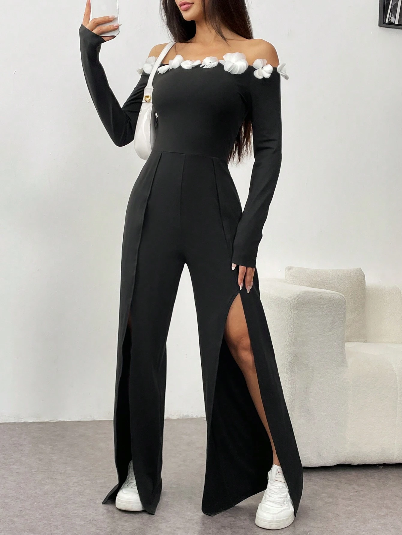 SHEIN Raffinéa Women's Off-Shoulder Tie-Front Jumpsuit With Slit