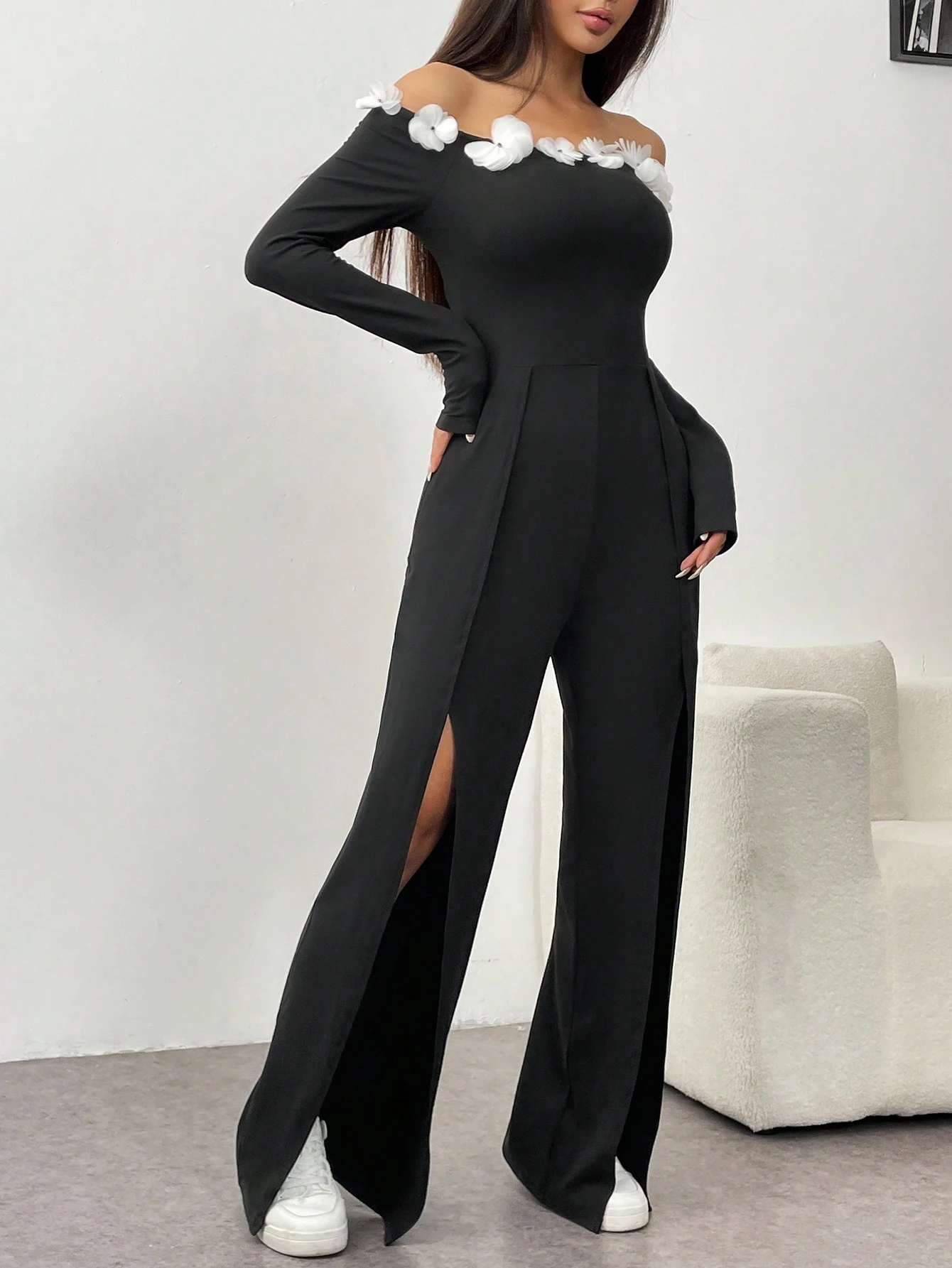 SHEIN Raffinéa Women's Off-Shoulder Tie-Front Jumpsuit With Slit - Image 4