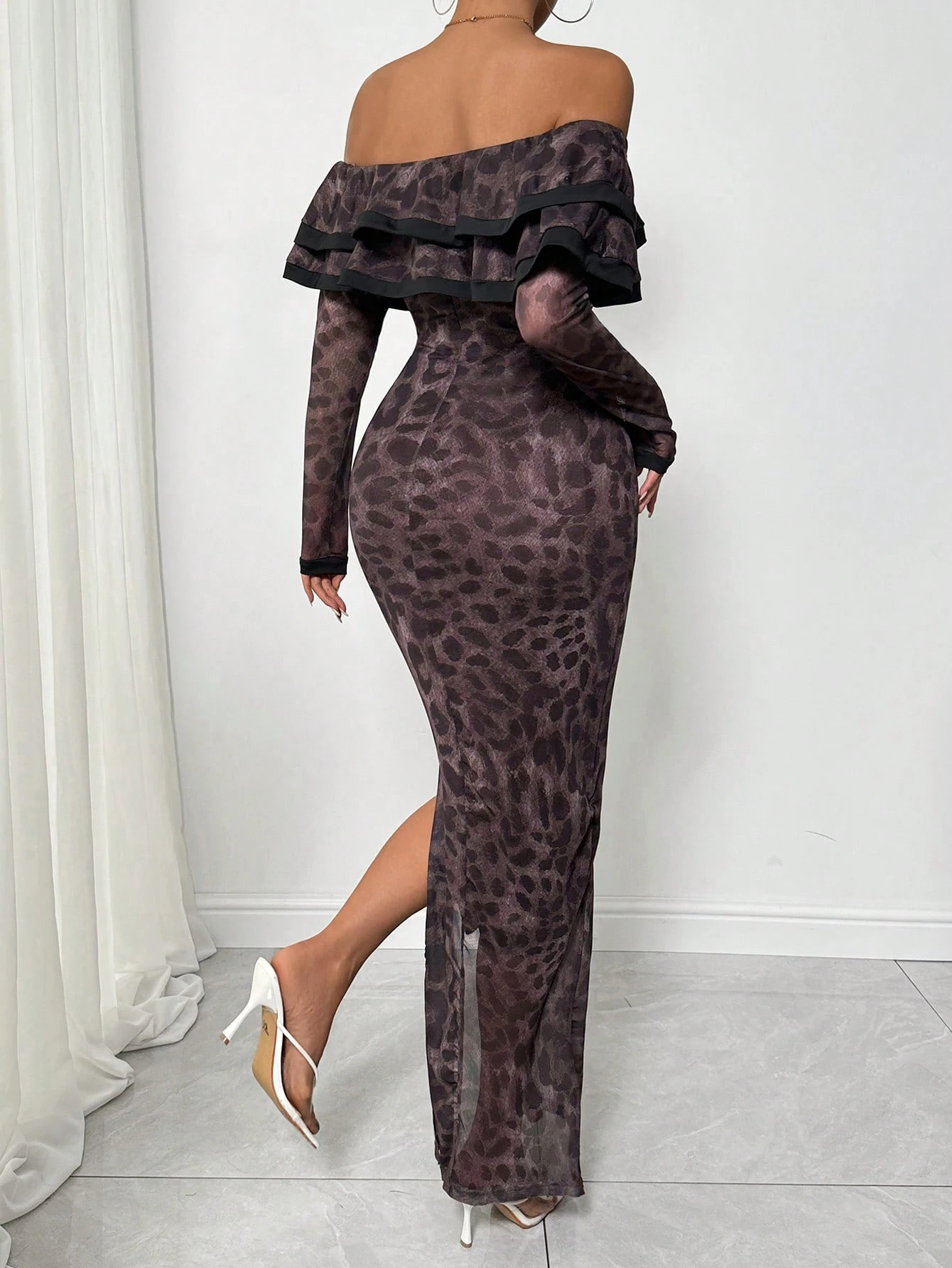 SHEIN Raffinéa Women's Ruffle Off Shoulder Long Sleeve Split Hem Leopard Print Dress - Image 2