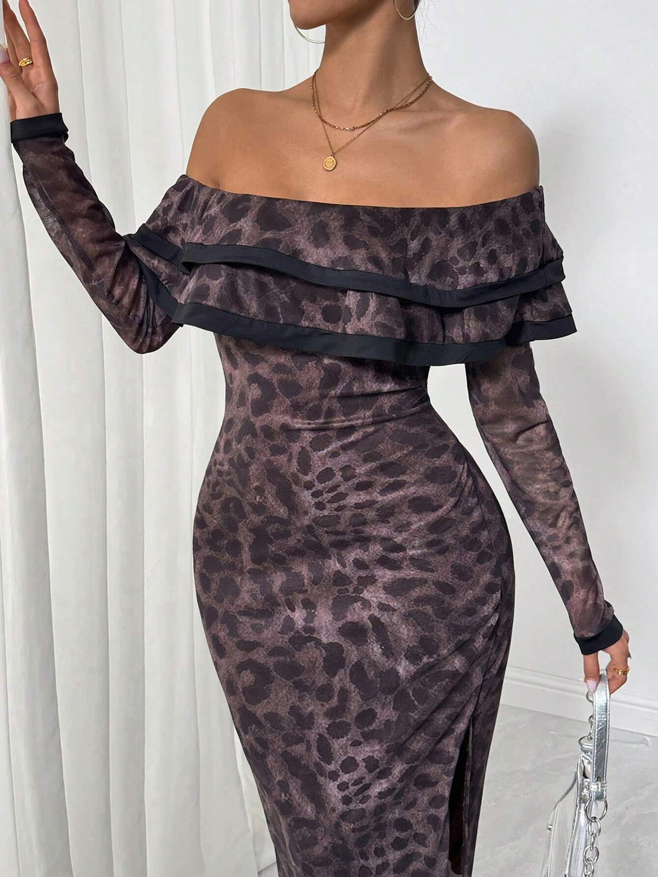 SHEIN Raffinéa Women's Ruffle Off Shoulder Long Sleeve Split Hem Leopard Print Dress - Image 3