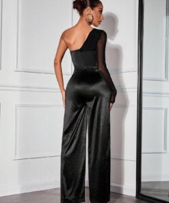 Alternative view of SHEIN SXY 1pc Sexy Mesh Contrast Asymmetric Sleeve Formal Jumpsuit For Women