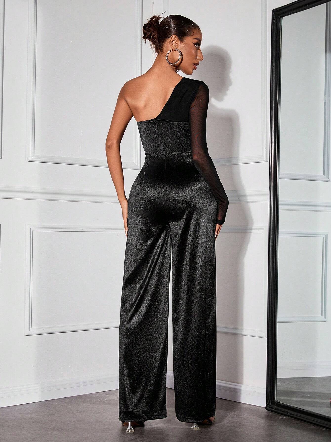 SHEIN SXY 1pc Sexy Mesh Contrast Asymmetric Sleeve Formal Jumpsuit For Women - Image 2