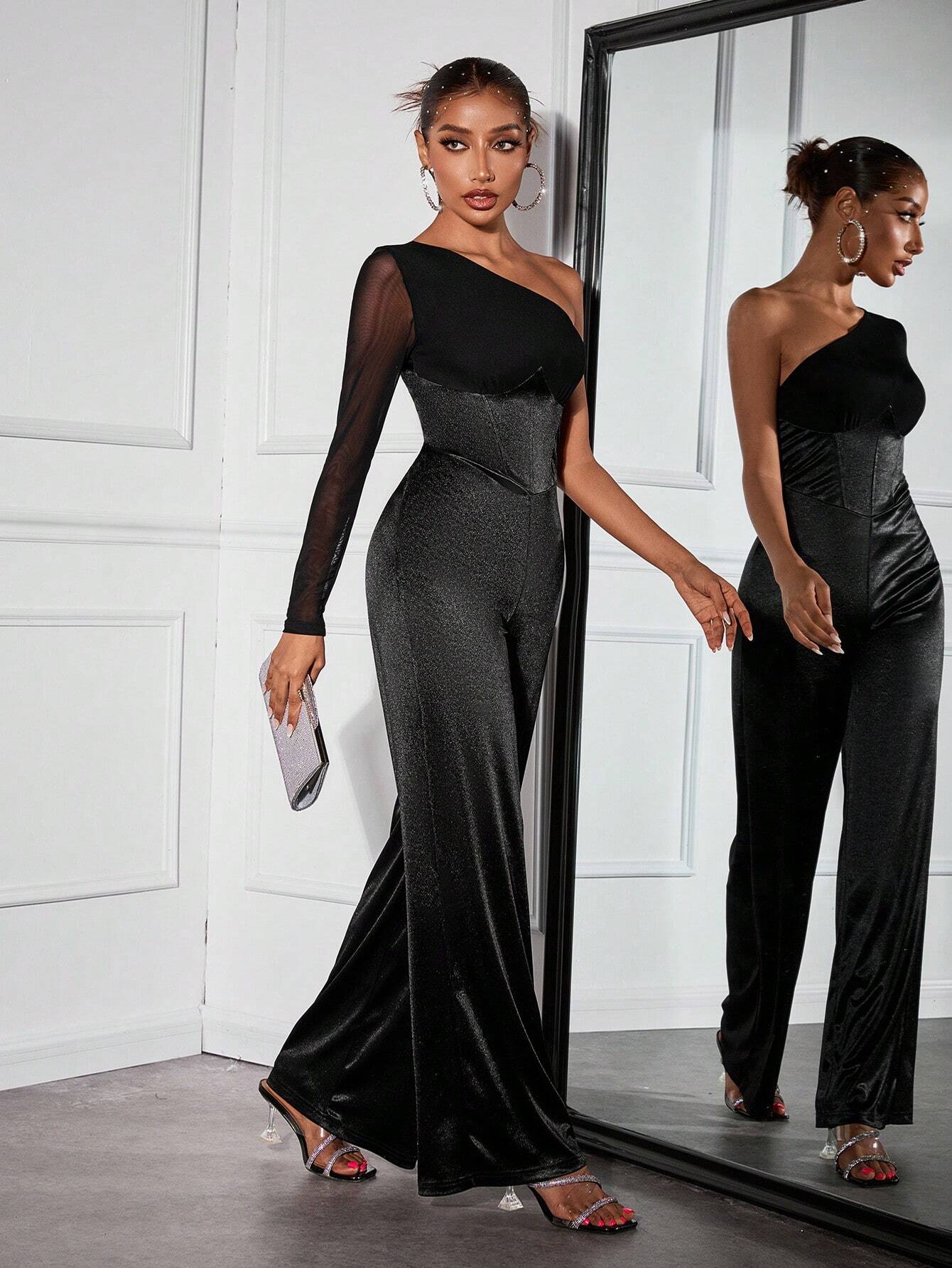 SHEIN SXY 1pc Sexy Mesh Contrast Asymmetric Sleeve Formal Jumpsuit For Women - Image 3