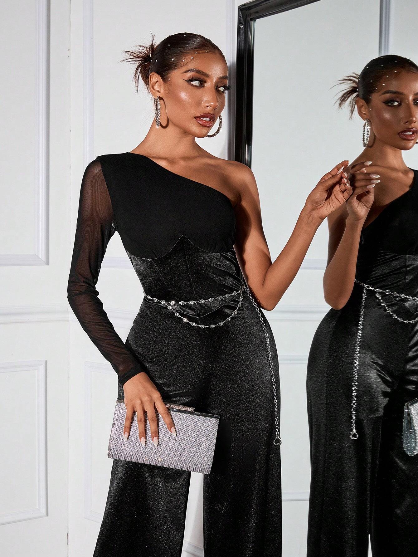 SHEIN SXY 1pc Sexy Mesh Contrast Asymmetric Sleeve Formal Jumpsuit For Women - Image 4